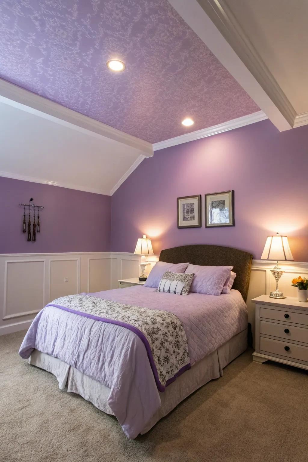 The lavender embrace of walls and ceiling bestows ultimate relaxation.