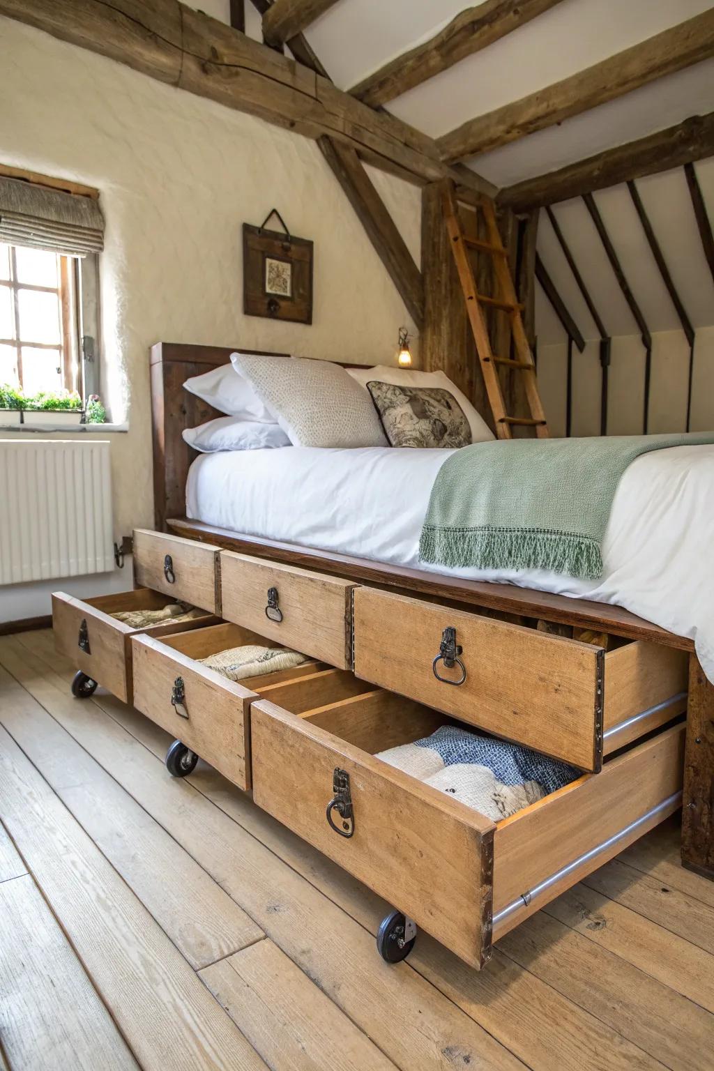 Repurpose vintage drawers into elegant under-bed storage.