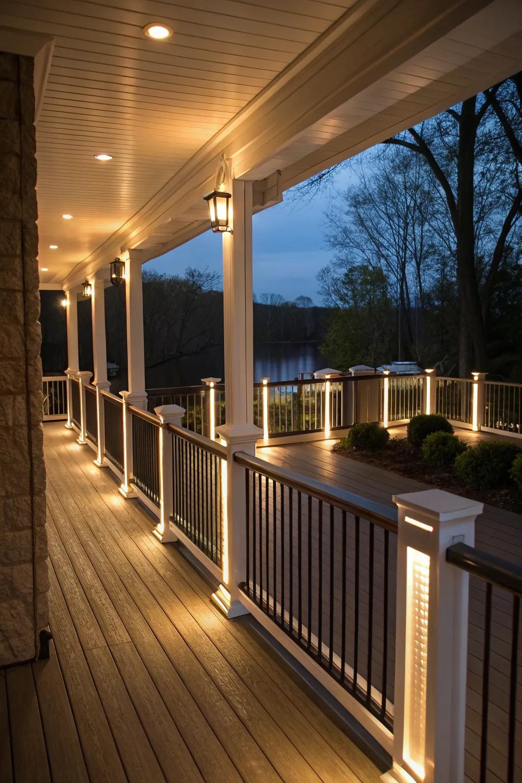Deck rail lighting enhances both visual appeal and safety.
