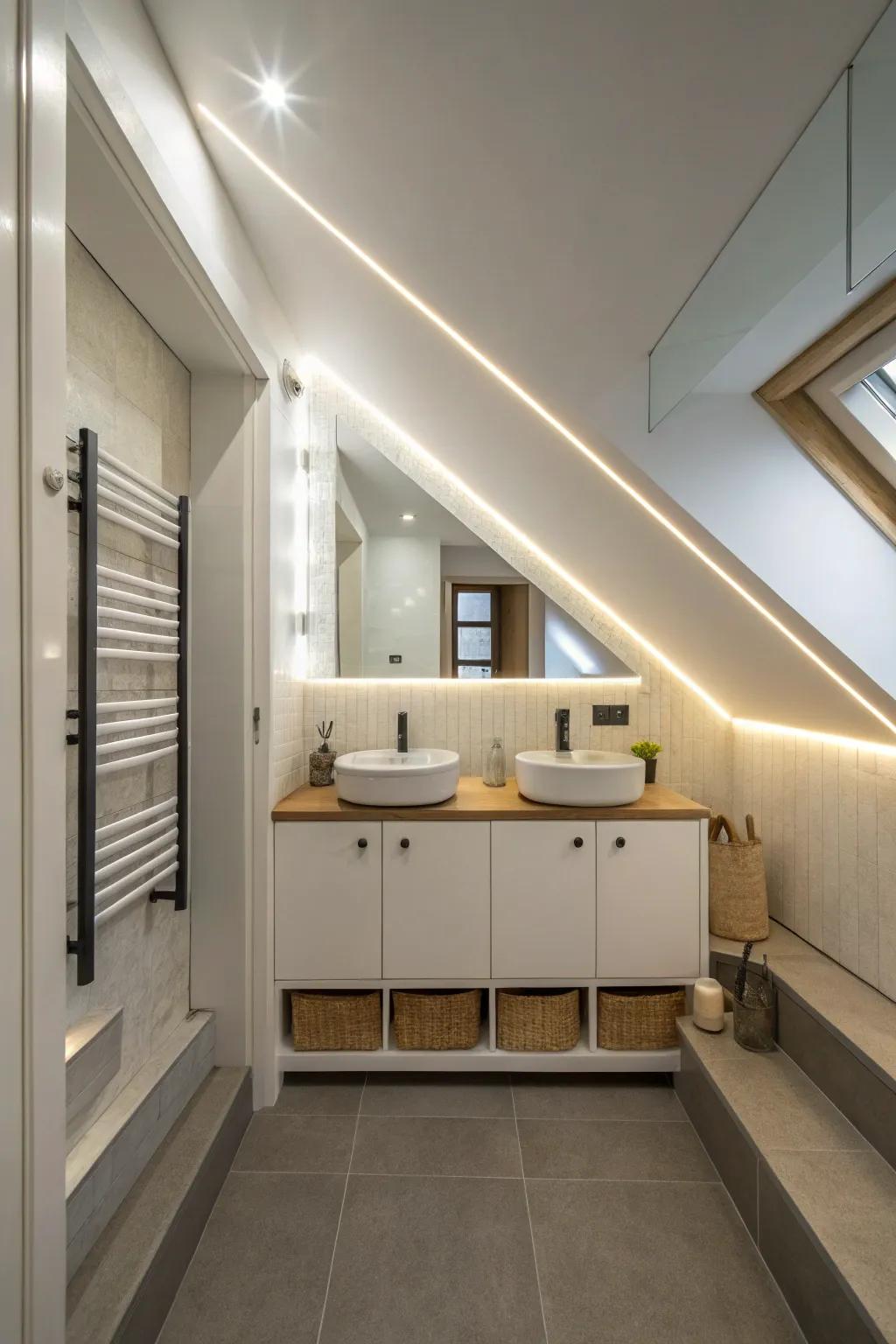 A restroom under the staircase illuminated with light-emitting diode strip lighting for a modern effect.