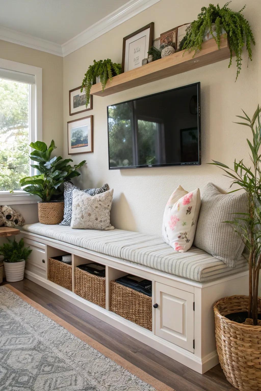 A chic longseat can offer both seating and storage options beneath your television.