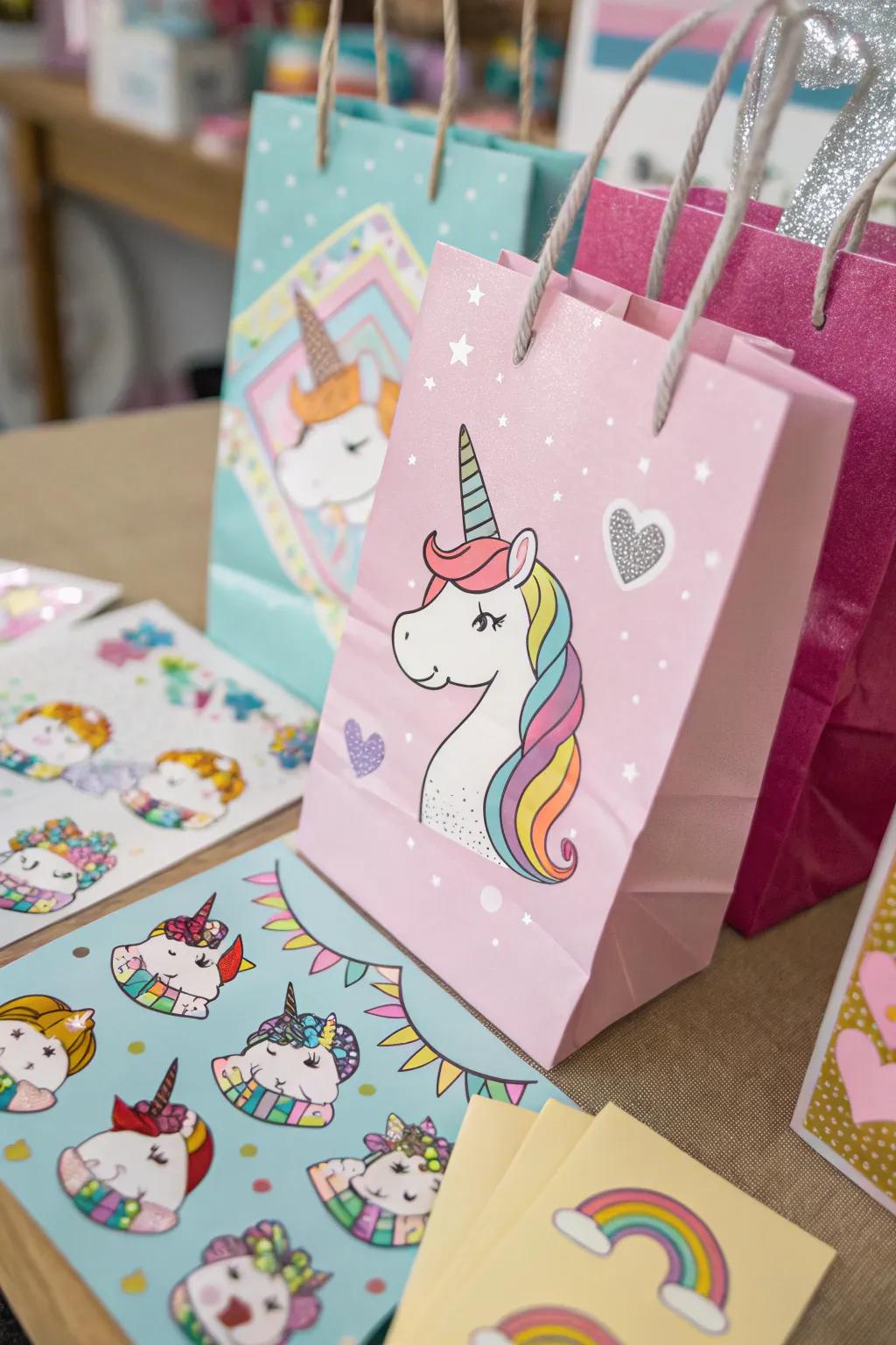 Do-it-yourself unicorn treat bags with a colorful selection of decals.