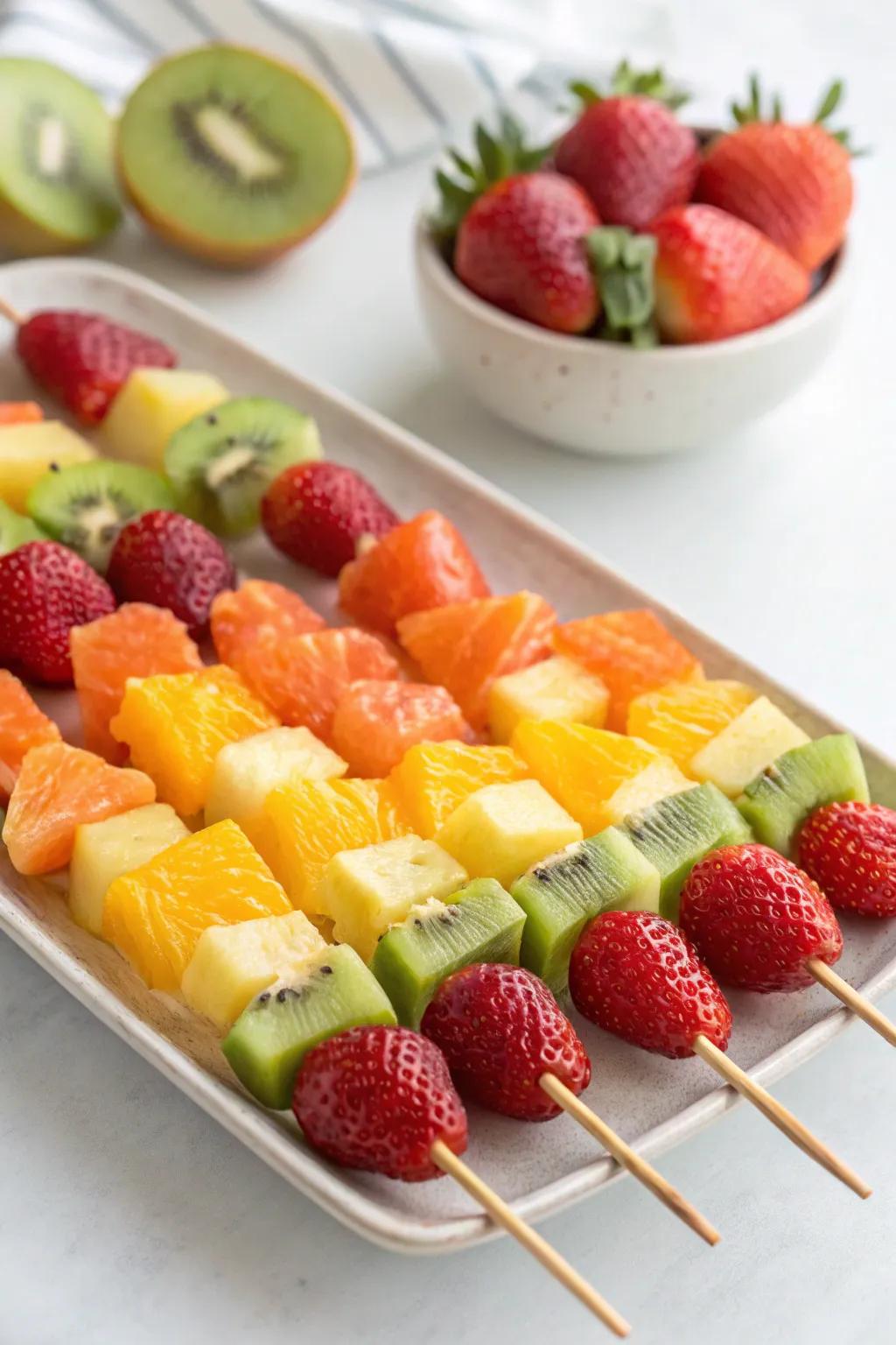 Vibrant and wholesome spectrum fruit brochettes for a unicorn celebration.