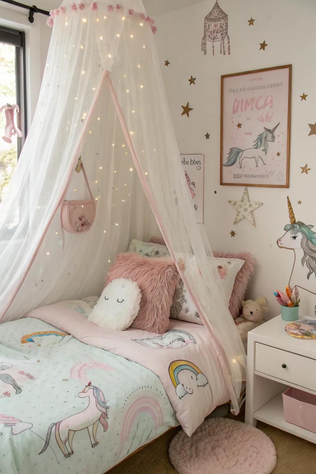 A delicate canopy adds a fairy-tale element to the room.