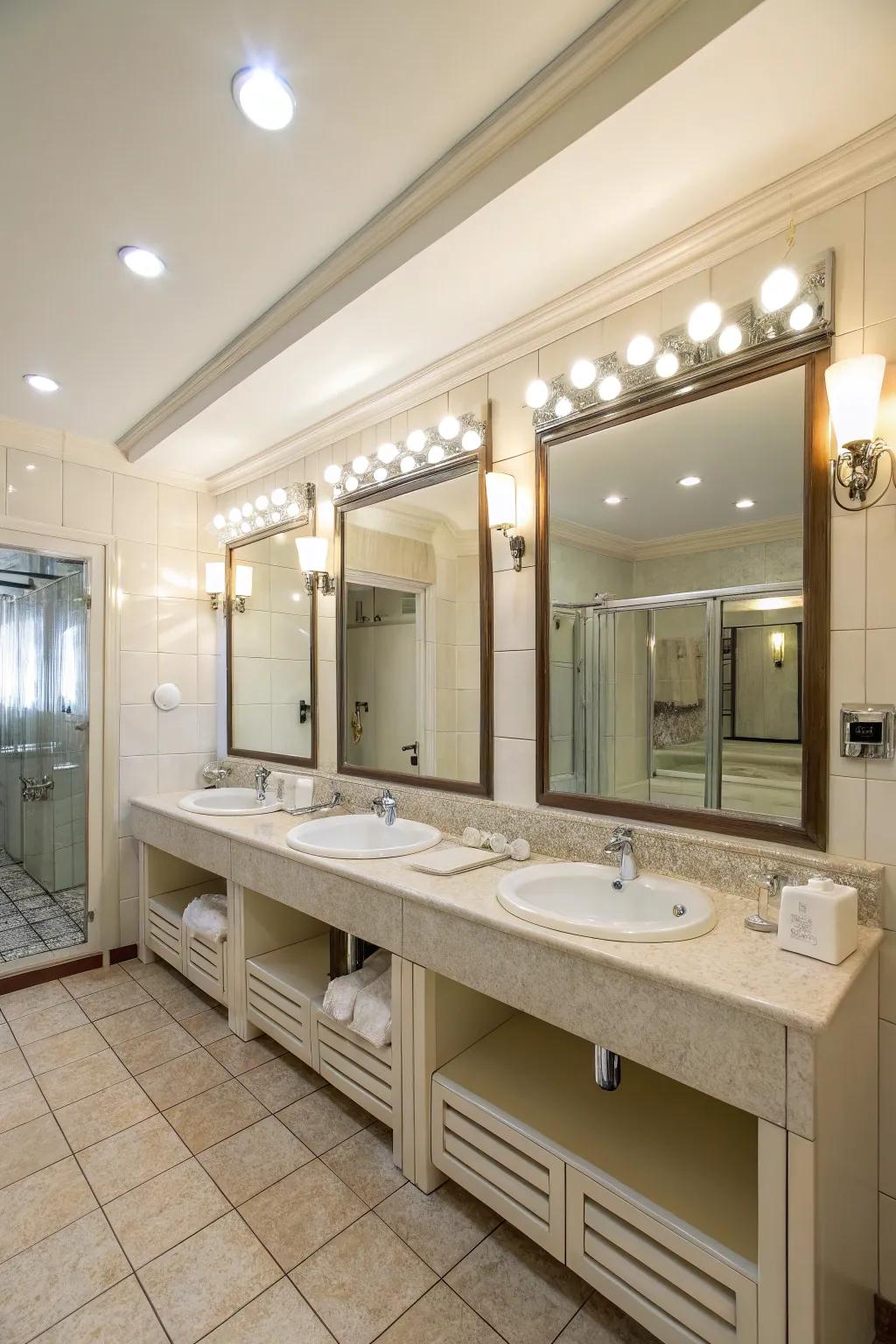 Radiant illumination transmutes the restroom into an inviting space.