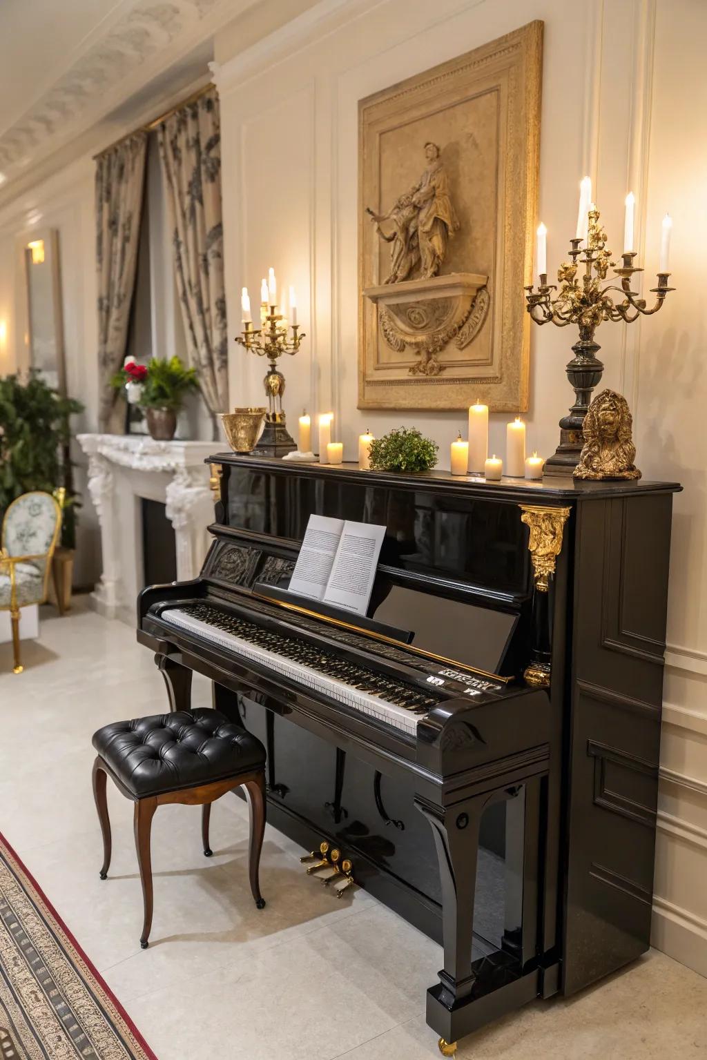 An exquisite room featuring an upright piano embellished with sculptures and candles.