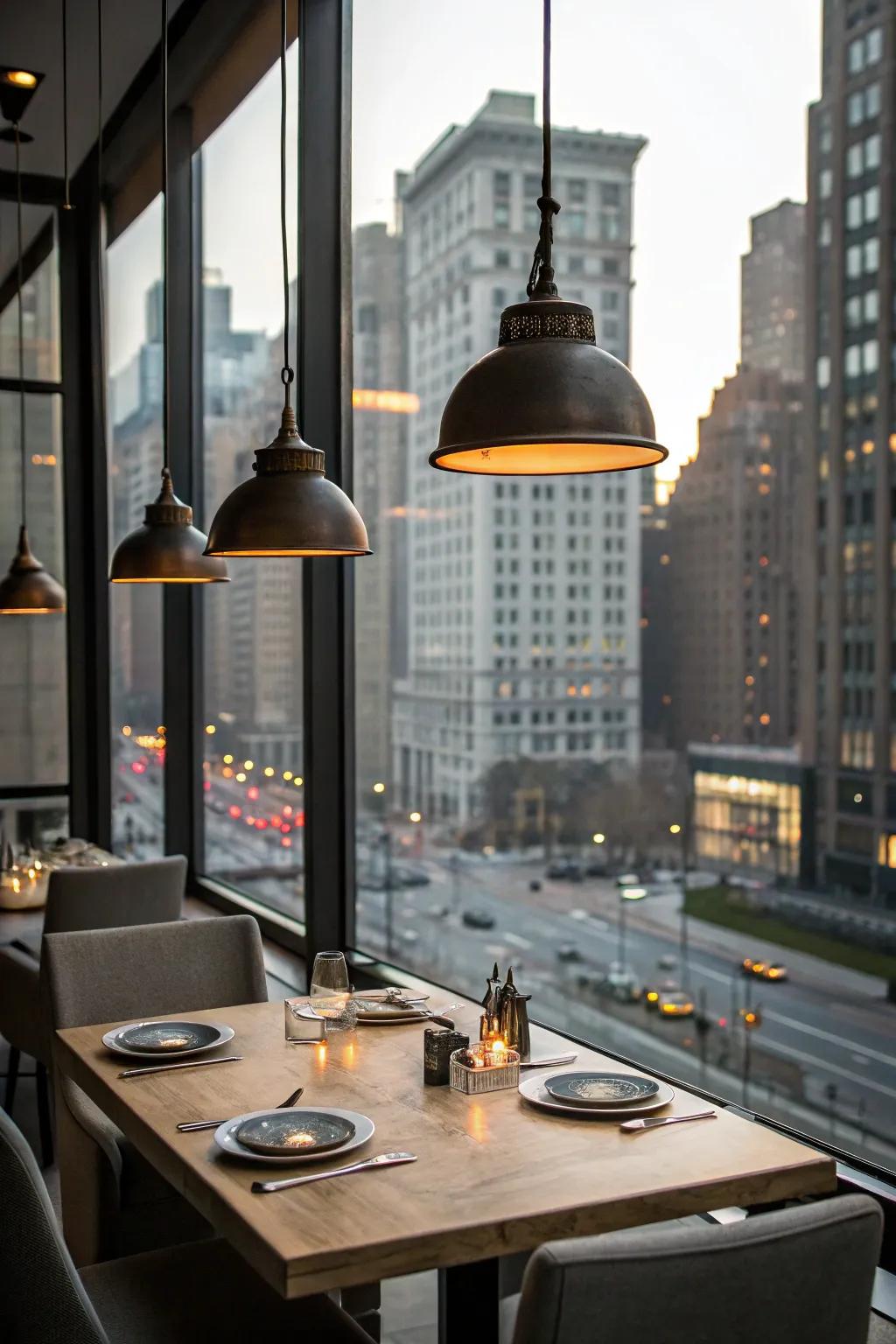 Industrial lighting brings in character and a cozy warmth.