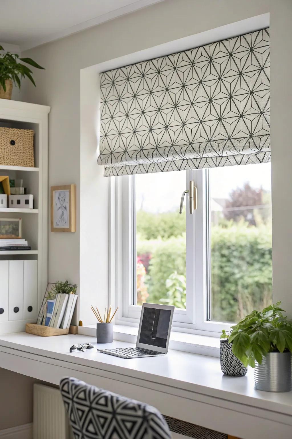 A window displaying a symmetrical layout topper in a contemporary home office.