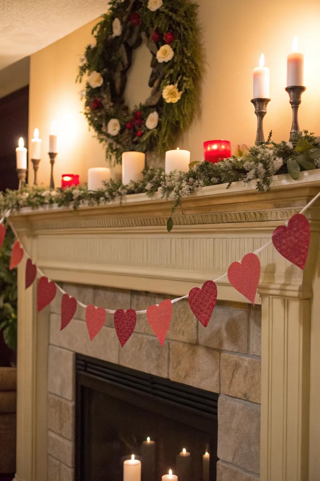 A charming mantel adorned with a heart streamer and lights