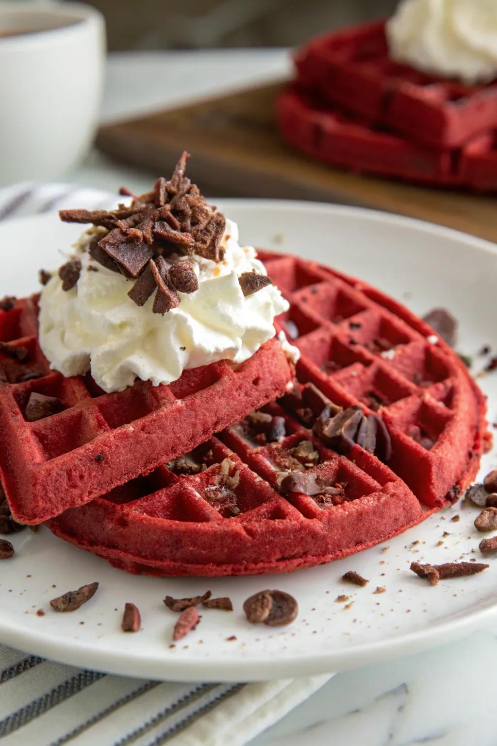 Luxurious red velvet waffles with chocolate and rich whipped cream.