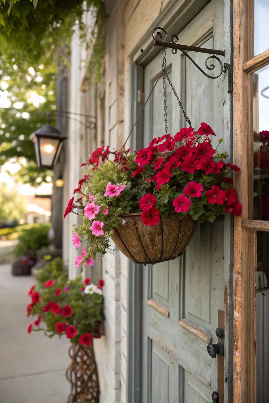 A floral basket infuses a fresh, festive element into your Valentine's door.