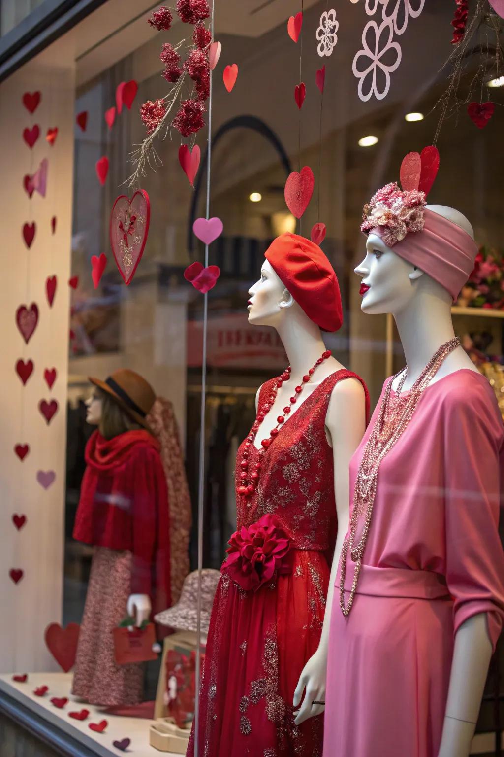 Well-dressed mannequins in a shop, dressed for Valentine's Day.