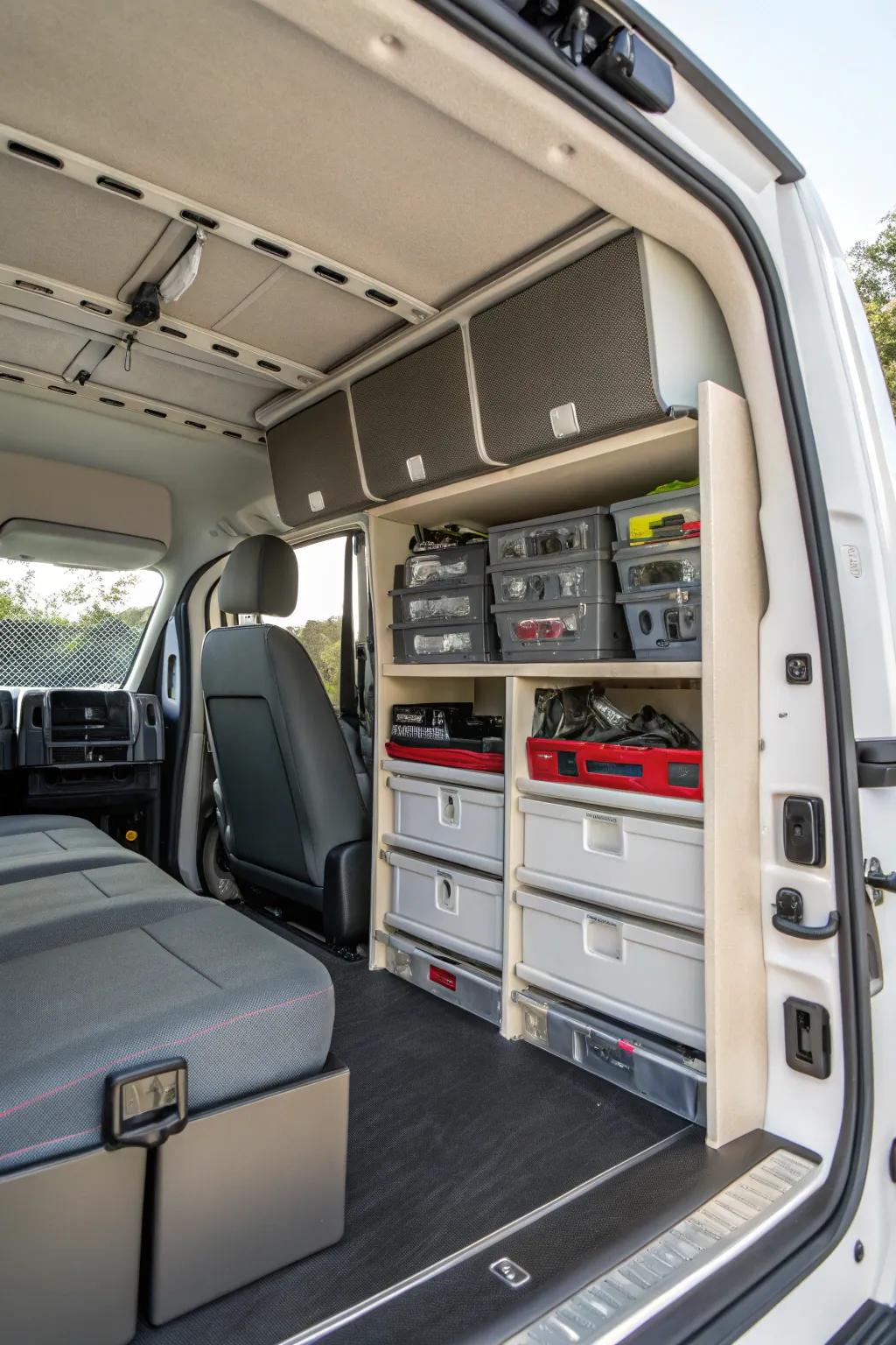 Astute storage innovations ensure your van remains structured and devoid of clutter.