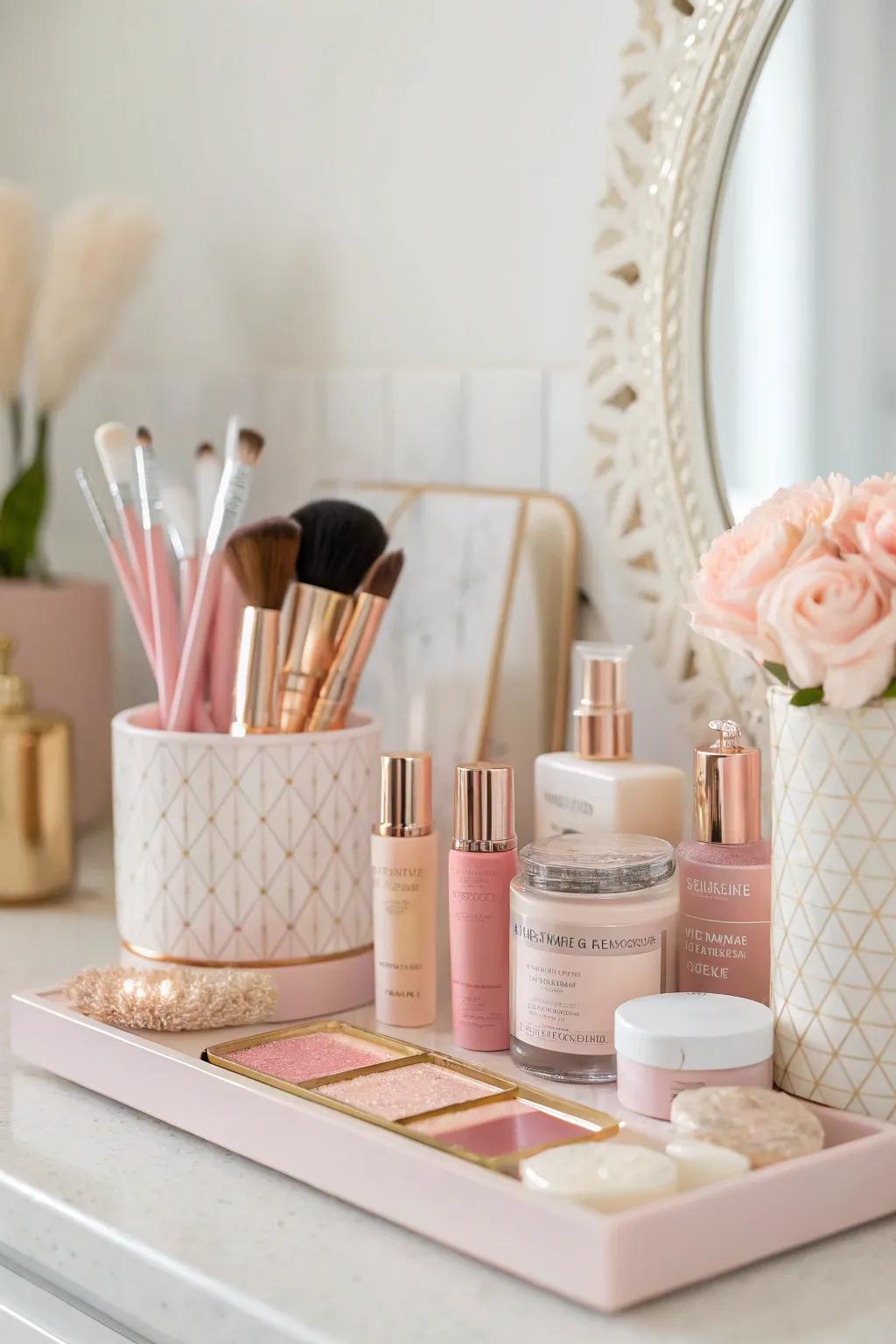 Pastel hues cultivate a serene vanity ambiance.