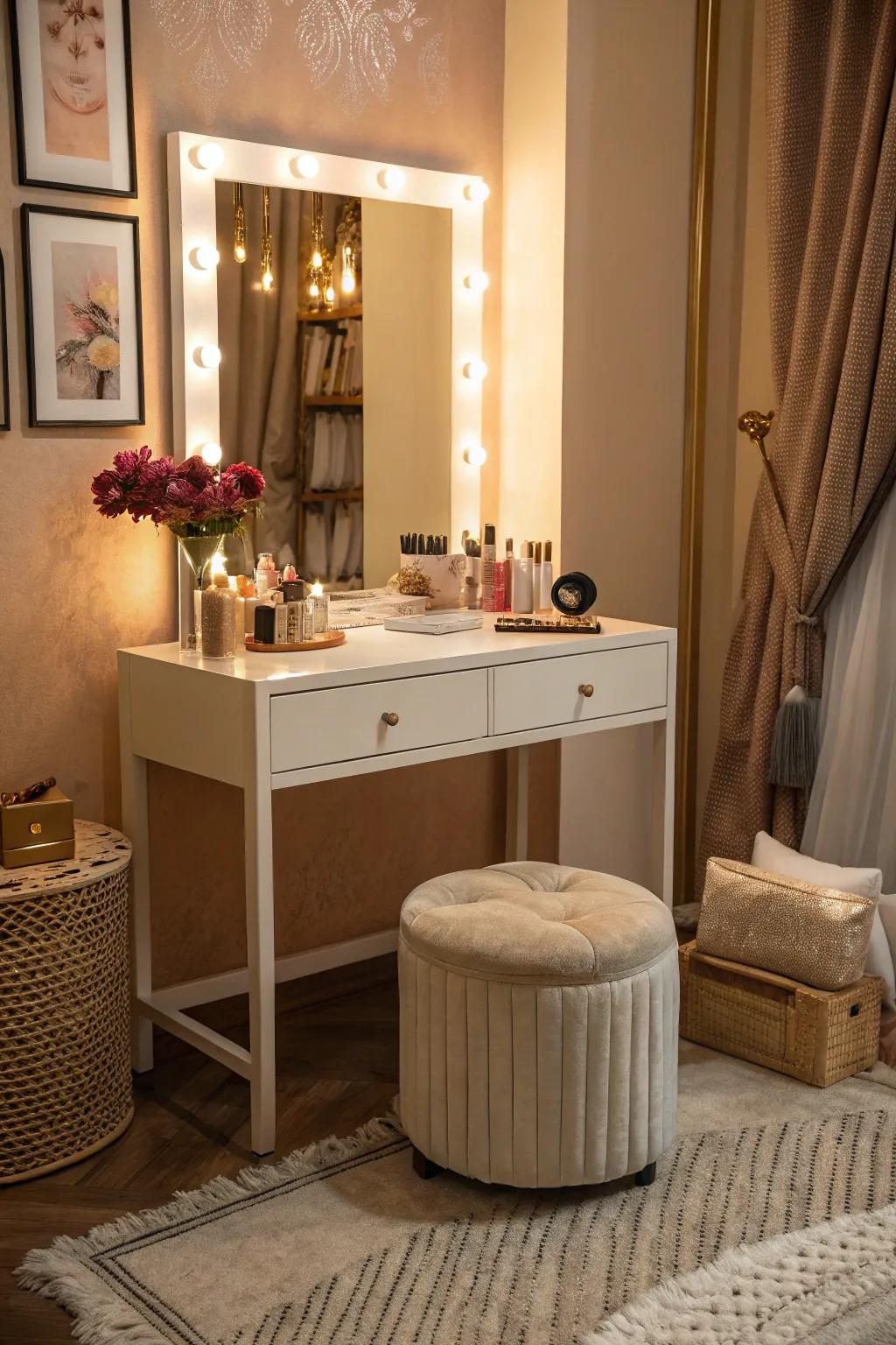 A comfy seat adds style and comfort to your vanity setup.