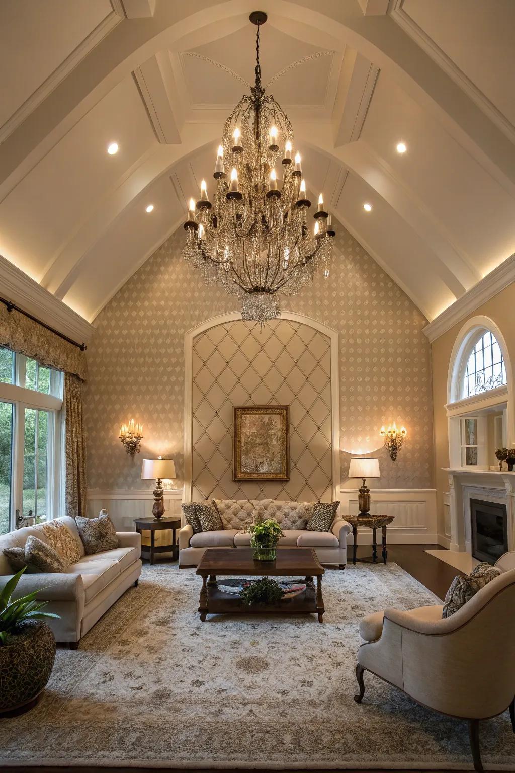 Living room featuring a vaulted ceiling and pendant lamp accentuating the wall