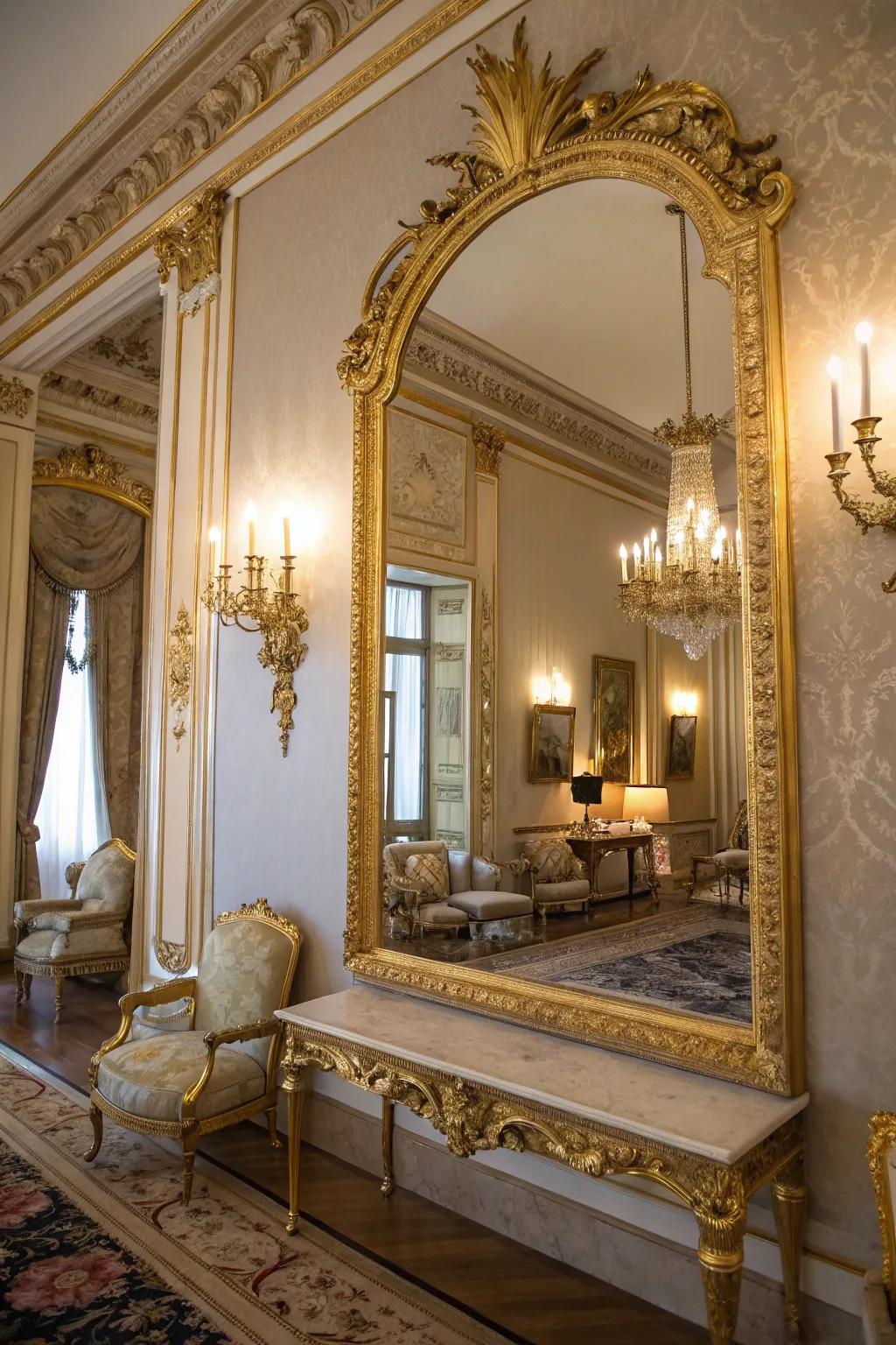 An ornate looking glass enhancing the appeal and illumination of the space.