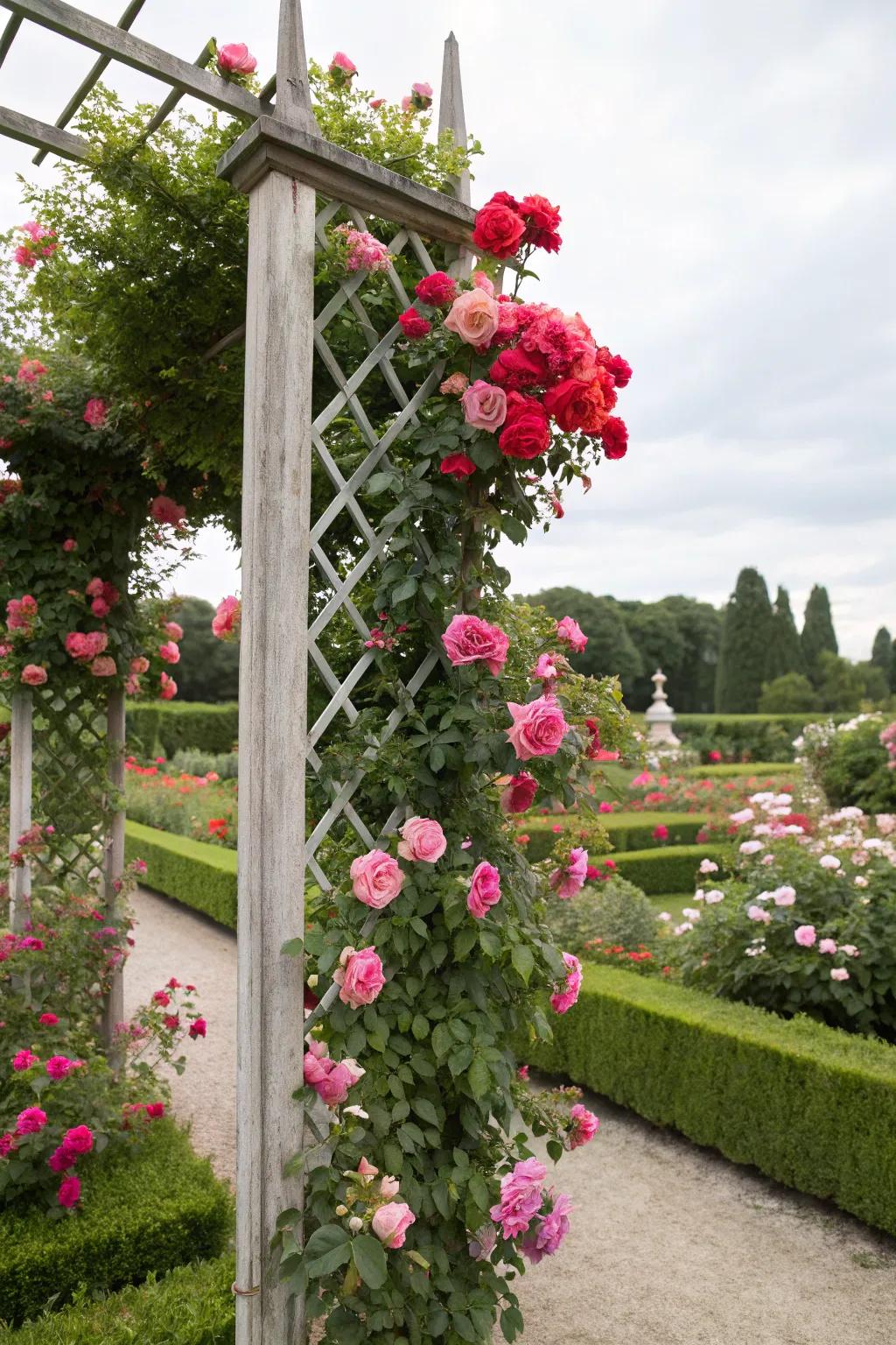 An ornamental trellis underpinning climbing roses within a garden milieu.