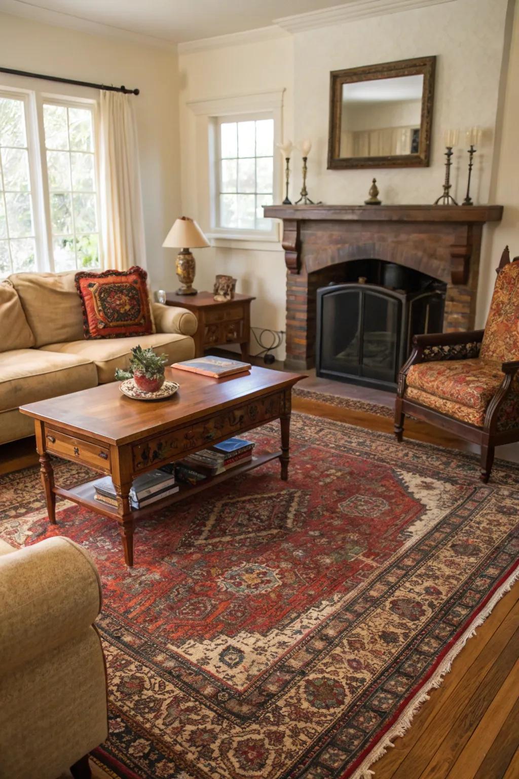 A cozy living space featuring a Persian floor covering and vintage furnishings.