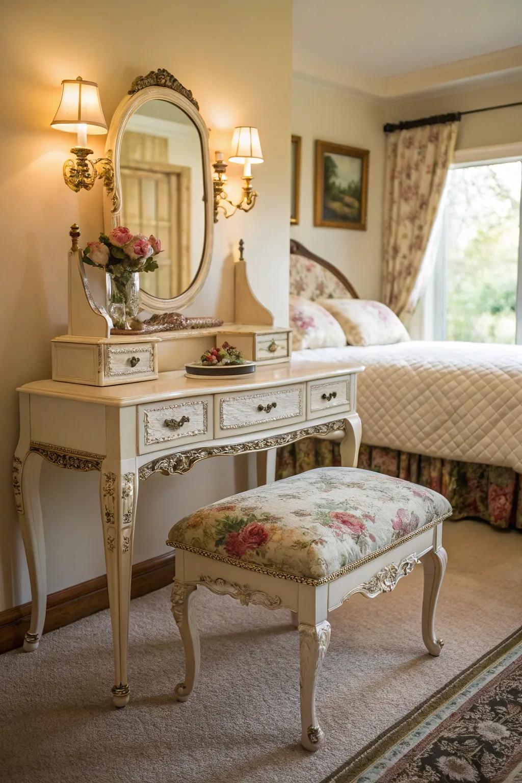 Floral upholstery adds a romantic flair to vintage vanities.