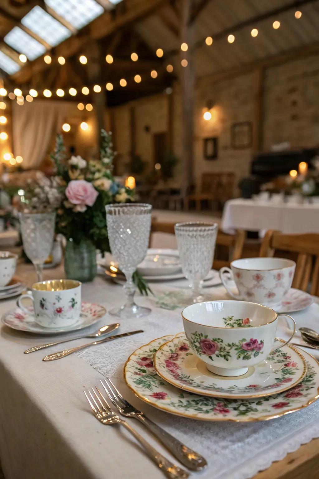 A wedding table showcasing mismatched heritage serveware.