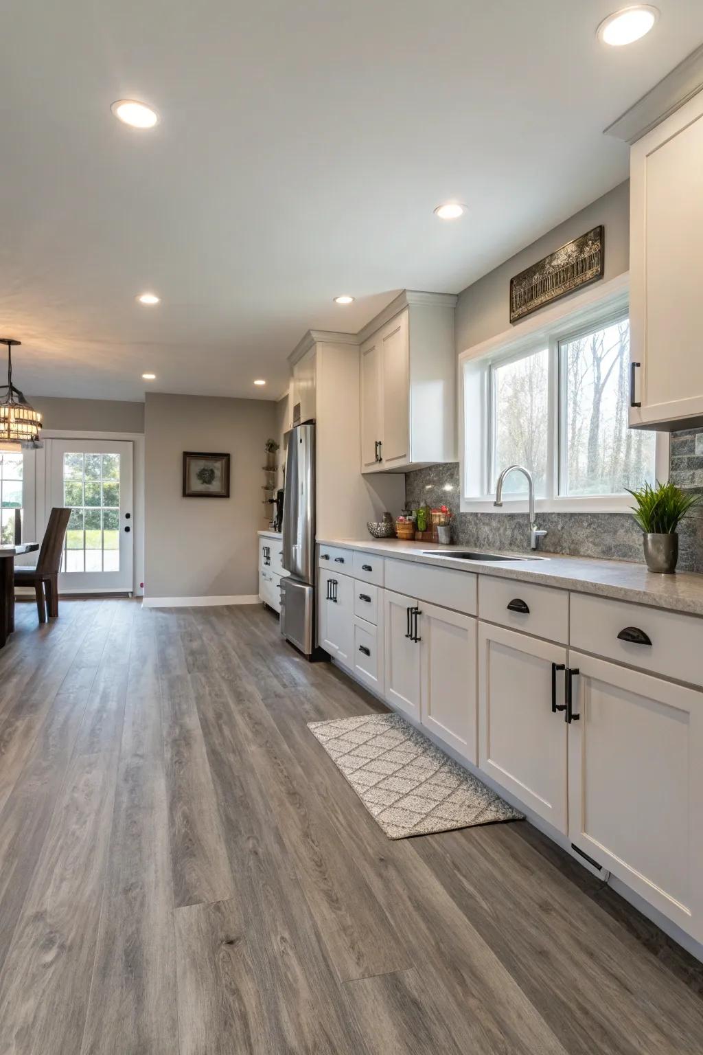 Inviting grey synthetic ground covering provides timeless sophistication.