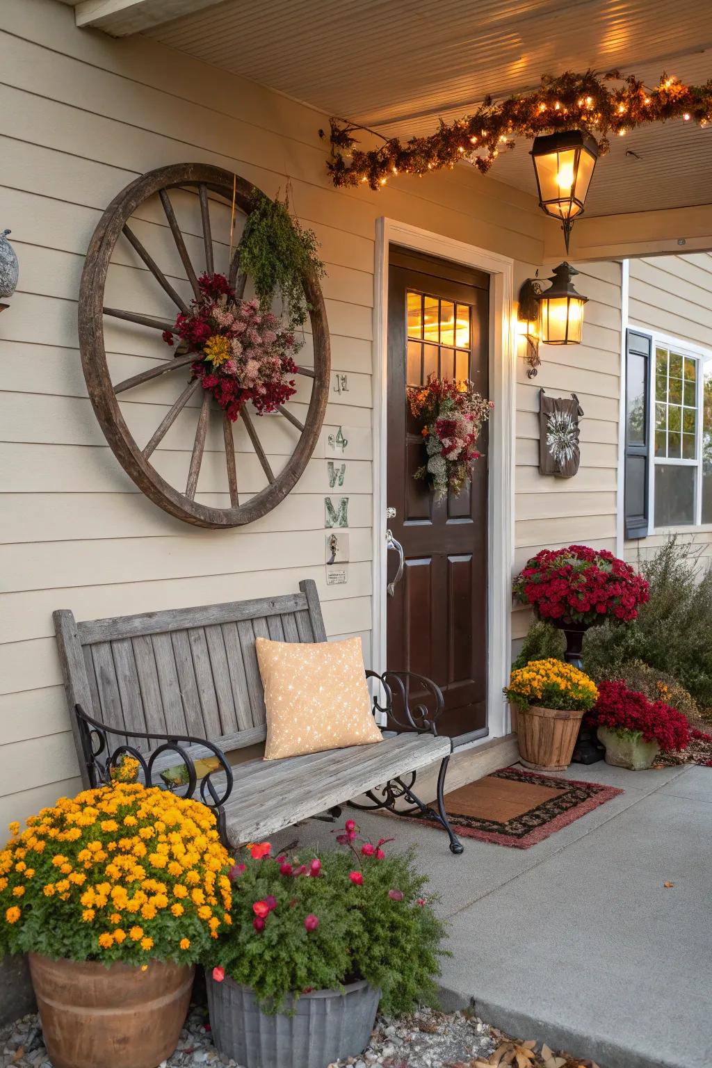A cartwheel lends a welcoming sensation to this charming entrance.