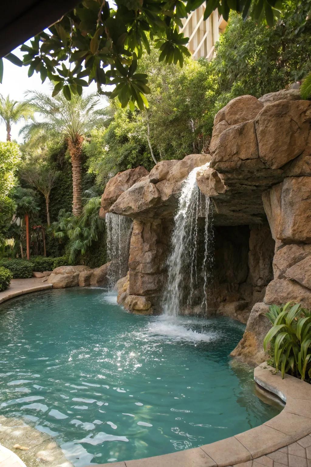A waterfall is not only visually spectacular but also enriches the ambiance of your pool space with a soothing vibe.