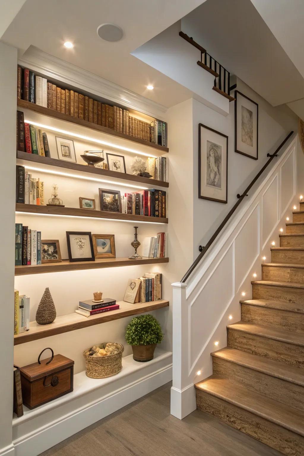 Suspended shelves fully optimize the inherent potential of your stairway wall.