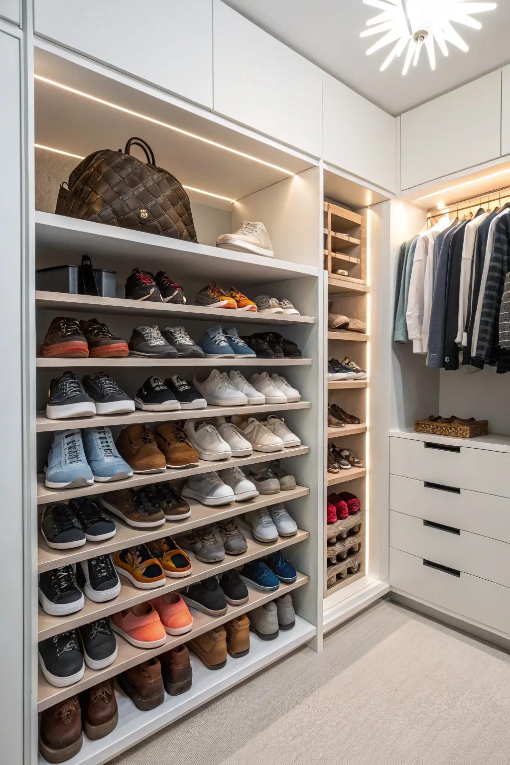 Well-organized shoe storage section inside a wall closet.