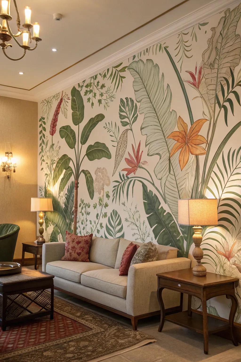 Celebrate nature inside through a vibrant botanical-themed wall covering.