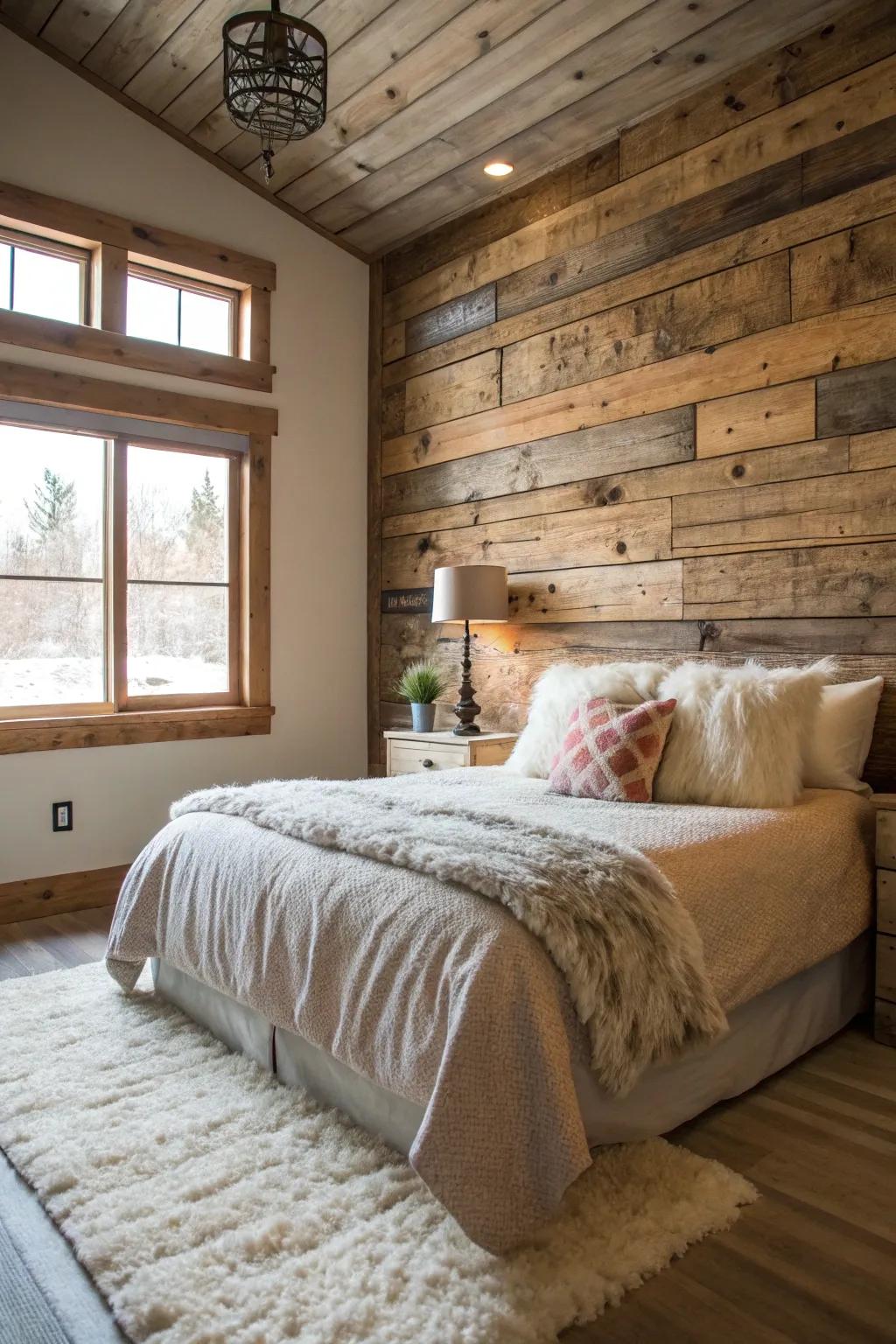 Plank paneling bestows a sense of rustic elegance to sleeping quarters.