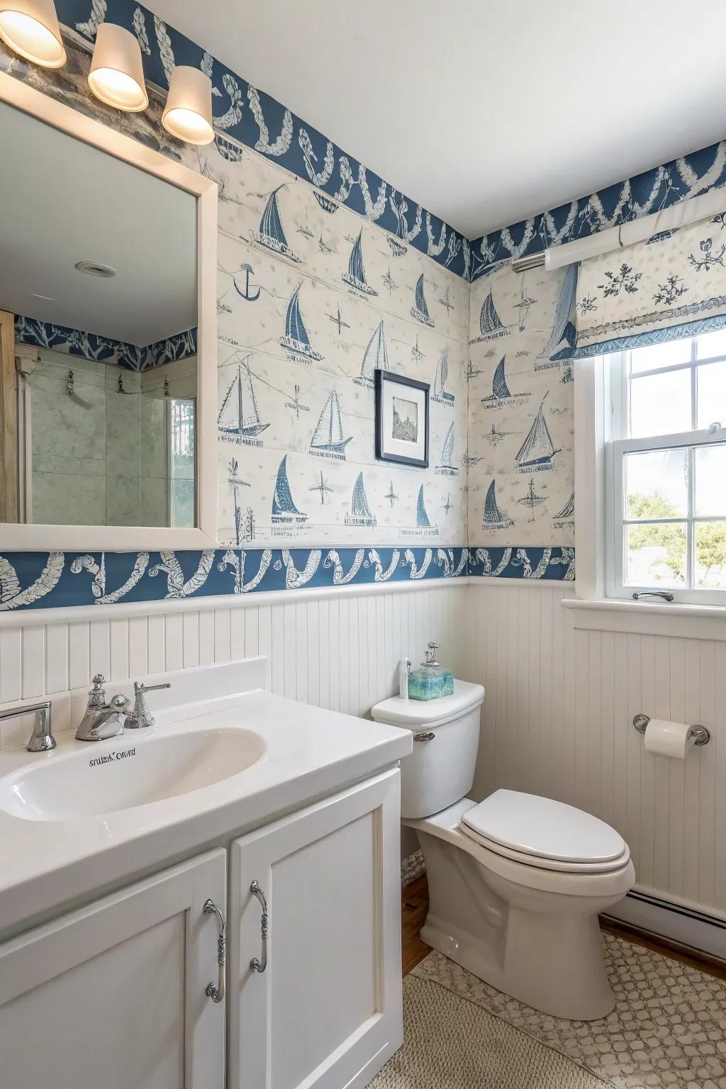 A bathroom transformed into a seaside retreat with a coastal wallpaper edging.