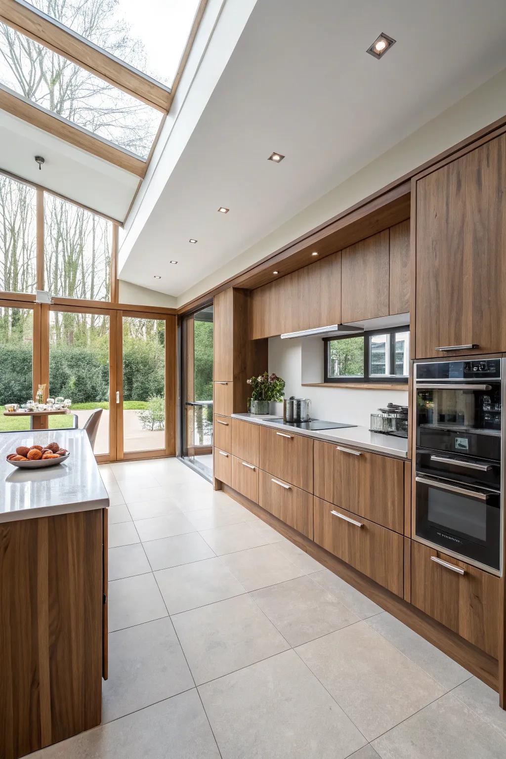 Open-concept designs accentuate the refinement of hickory cabinets.