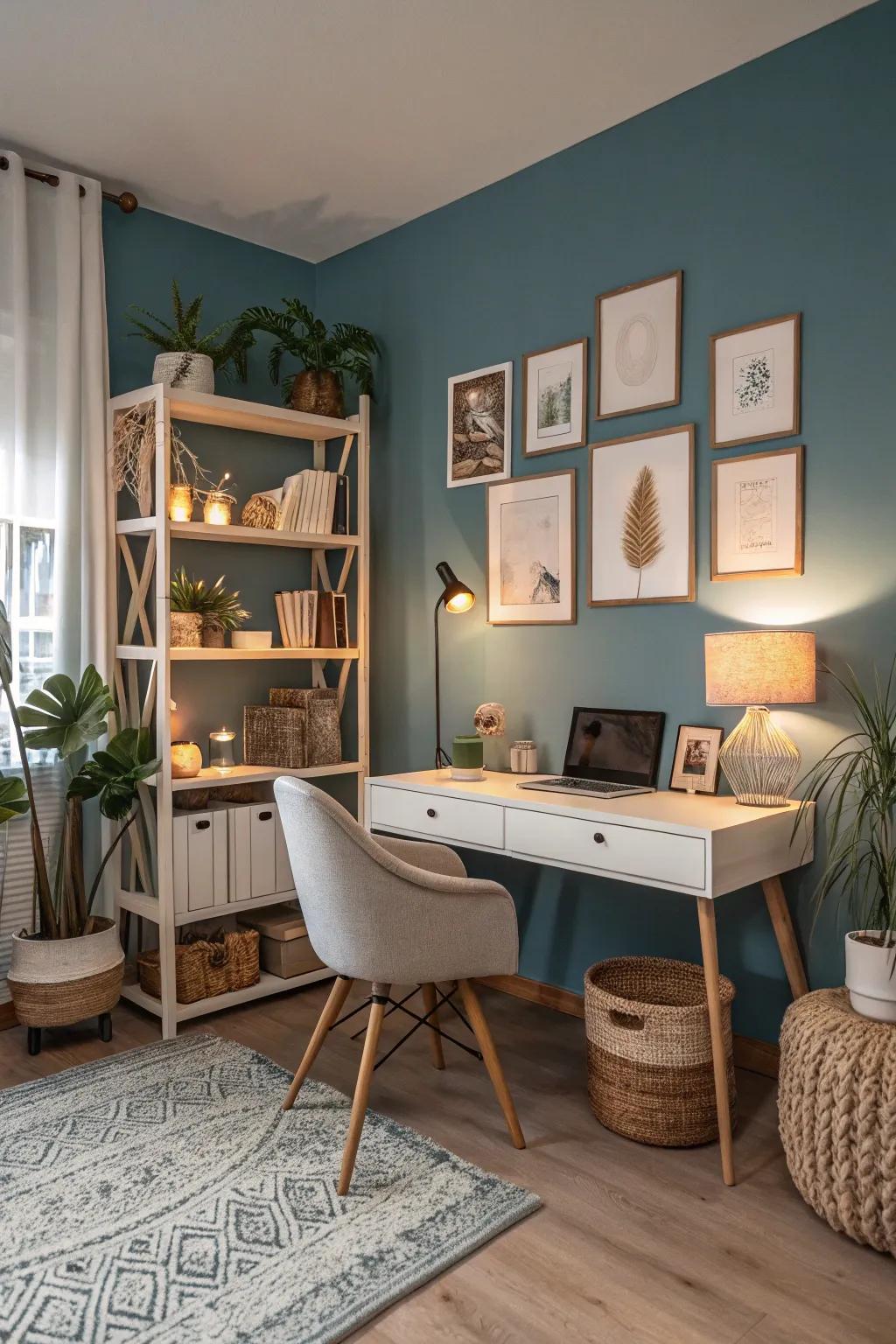 Attain balance with harmonious color blends of cerulean, neutral tones, and grays.