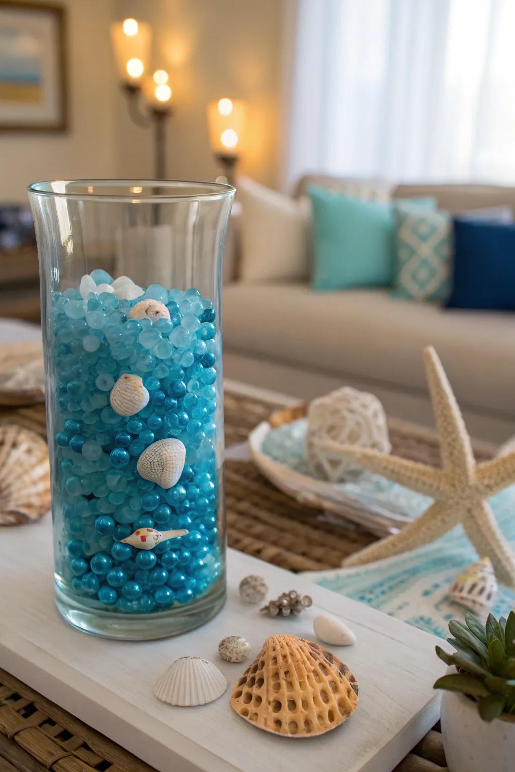 A seaside-inspired centerpiece conjures images of a beach getaway.