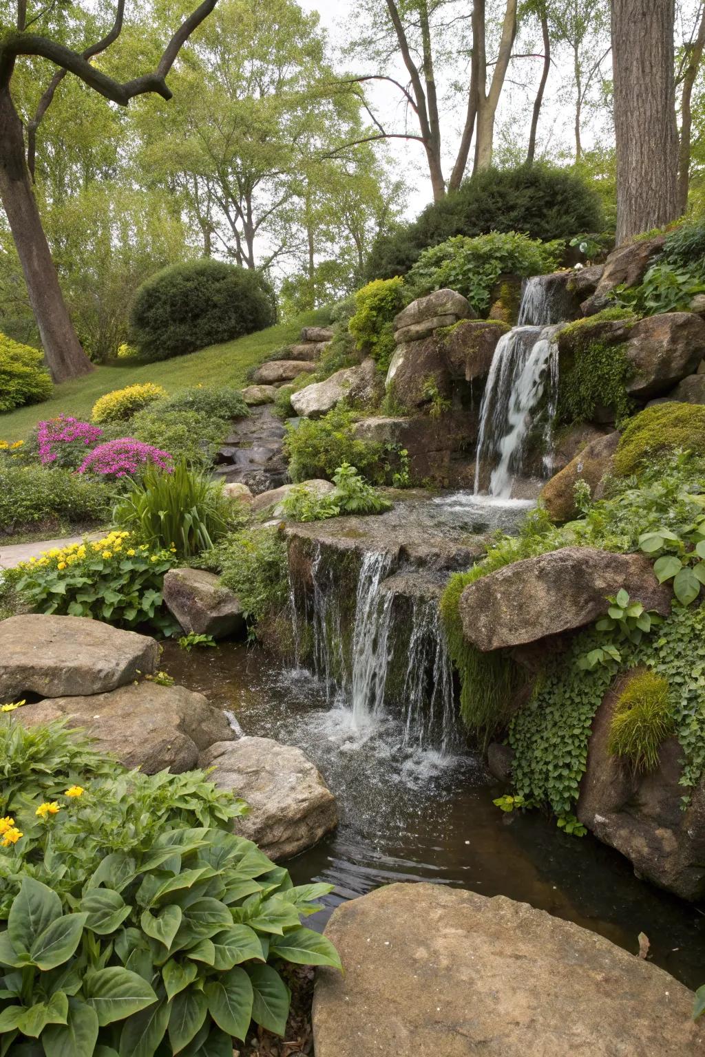 Lively waterfalls impart movement and soothing sounds to garden settings.