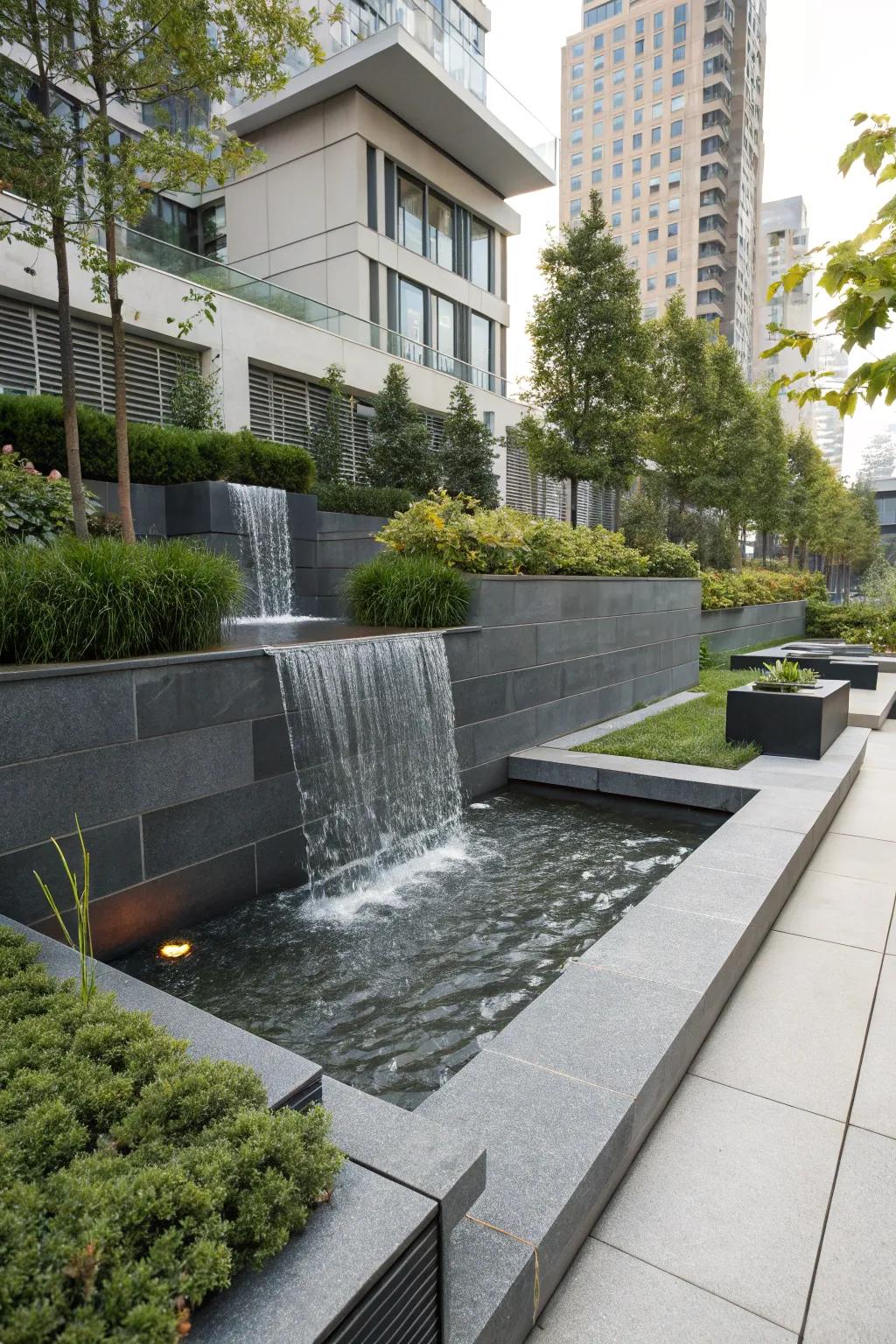 A contemporary waterfall showcasing refined stones in an urban garden setting.
