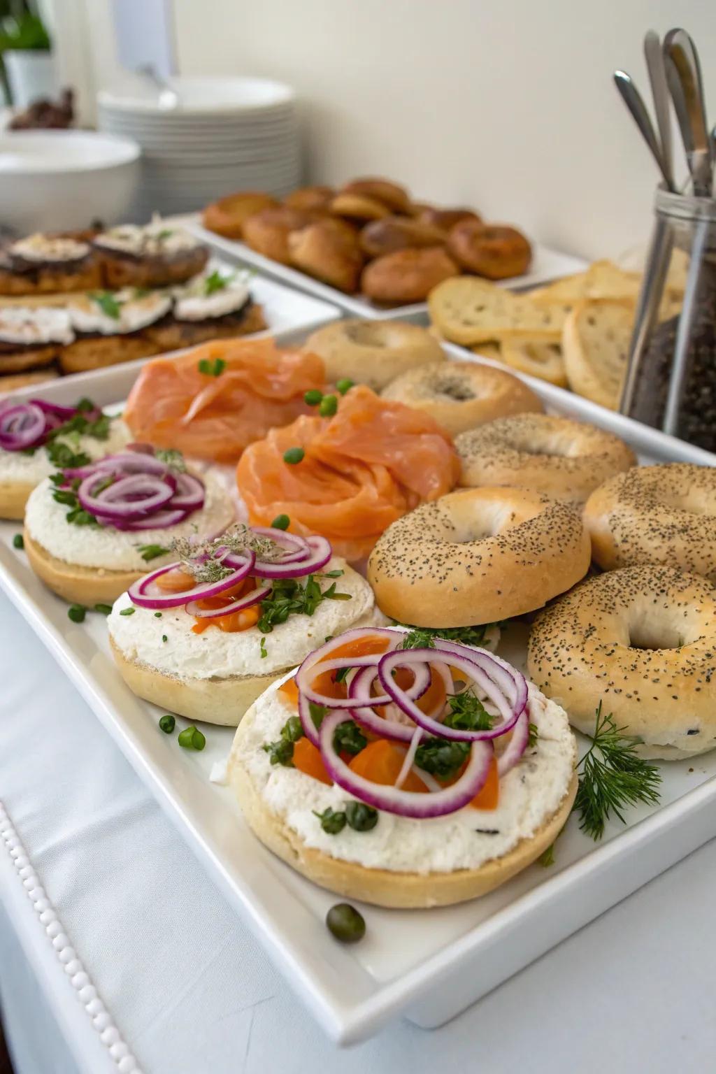 A creative ring station with a variety of schmears and toppings for wedding guests.