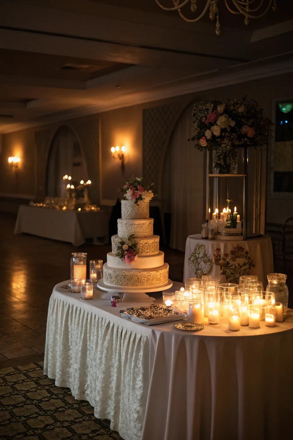 A wedding cake display enhanced by the soft glow of candlelight.