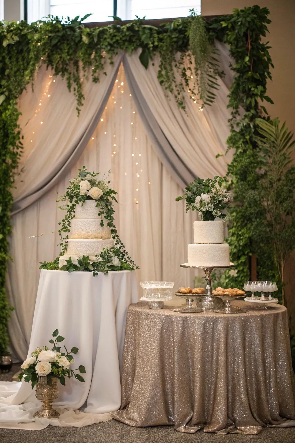 A stylish backdrop beautifully showcasing the cake presentation.