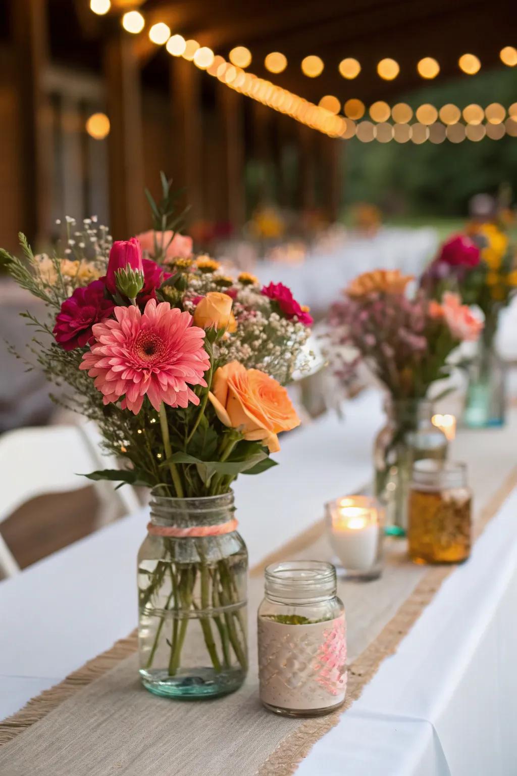 Preserving jars brimming with blossoms, bestowing a vintage flair upon the wedding table.