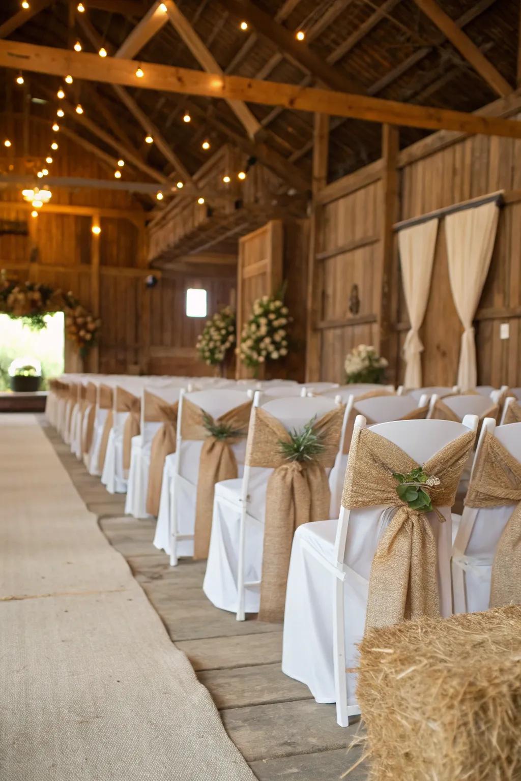 Burlap covers imbue farm weddings with a rustic appeal.
