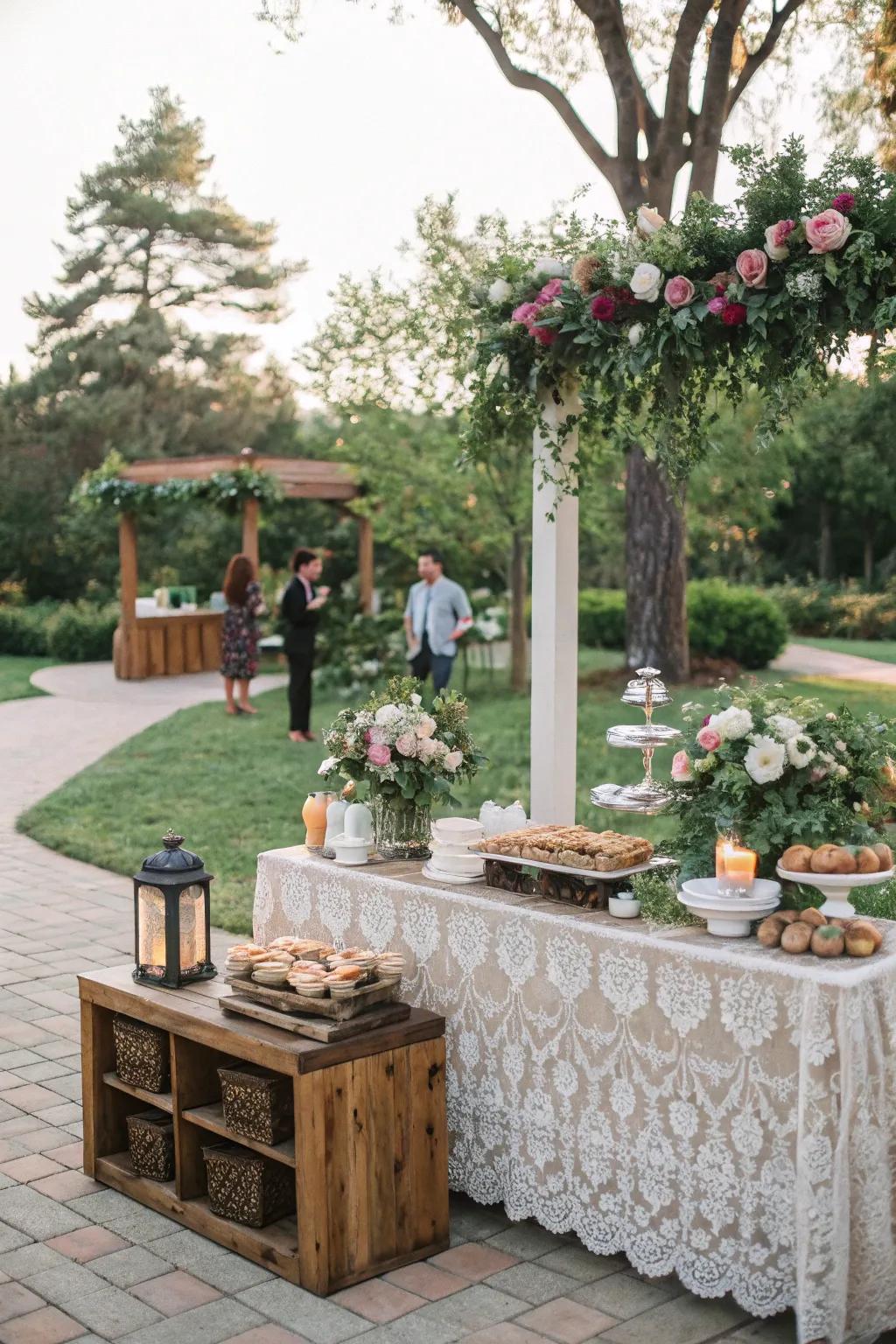 A wedding coffee bar arranged in a scenic green space.