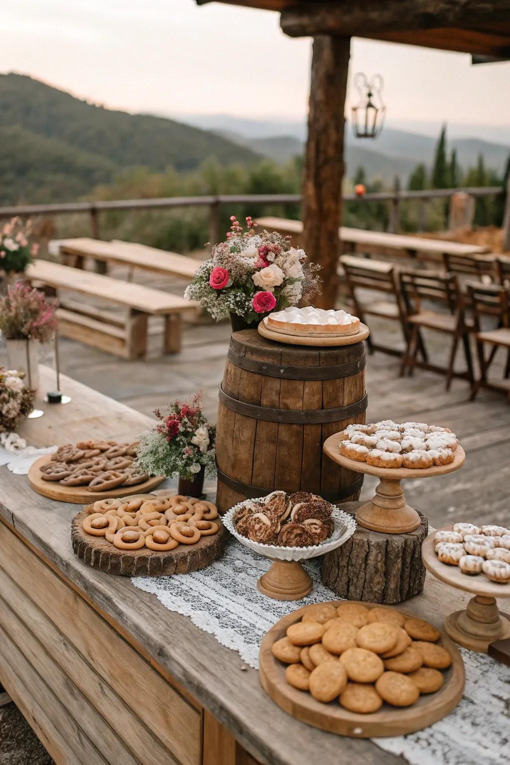 A homespun-themed wedding cookie display with timber highlights.