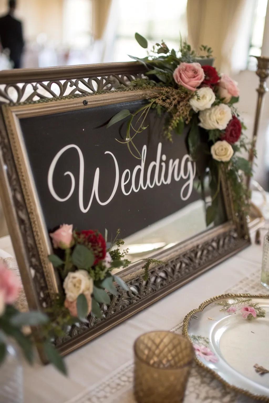 An ornamental wedding sign inscribed on an antique mirror, adding a personalized touch to the decor.