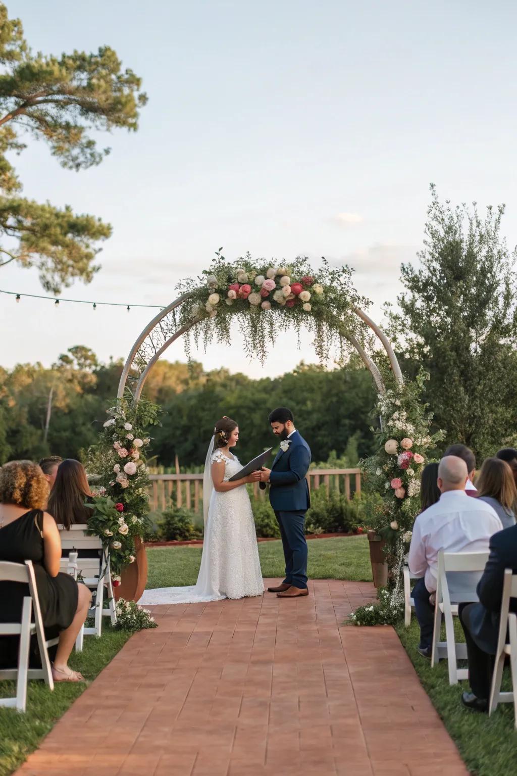 An open-air wedding ceremony showcasing a beautifully decorated altar.