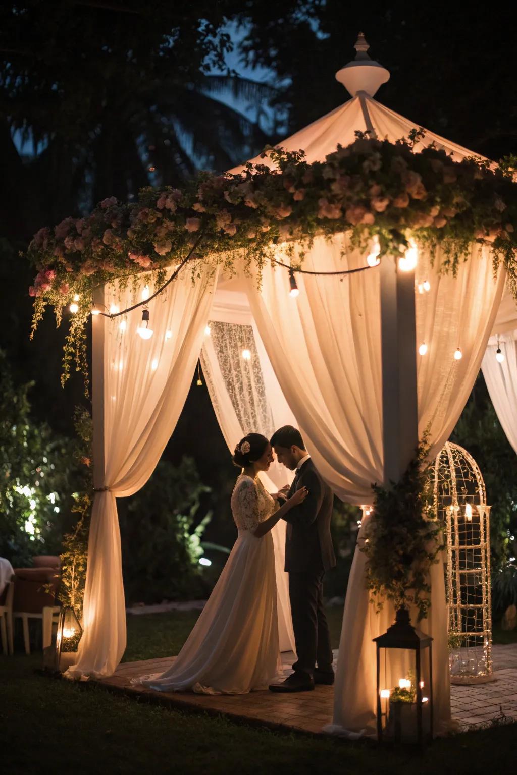 Craft an intimate ceremony location with a romantic cloth awning.
