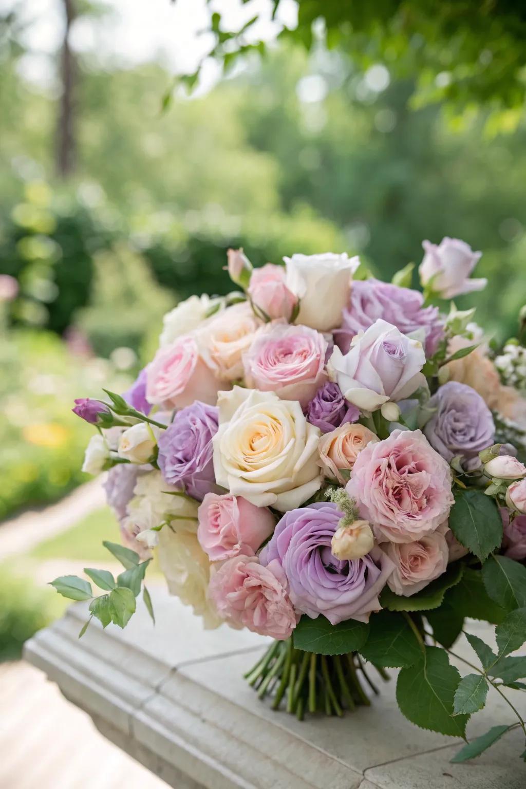 A tender garden rose bouquet in soft hues.