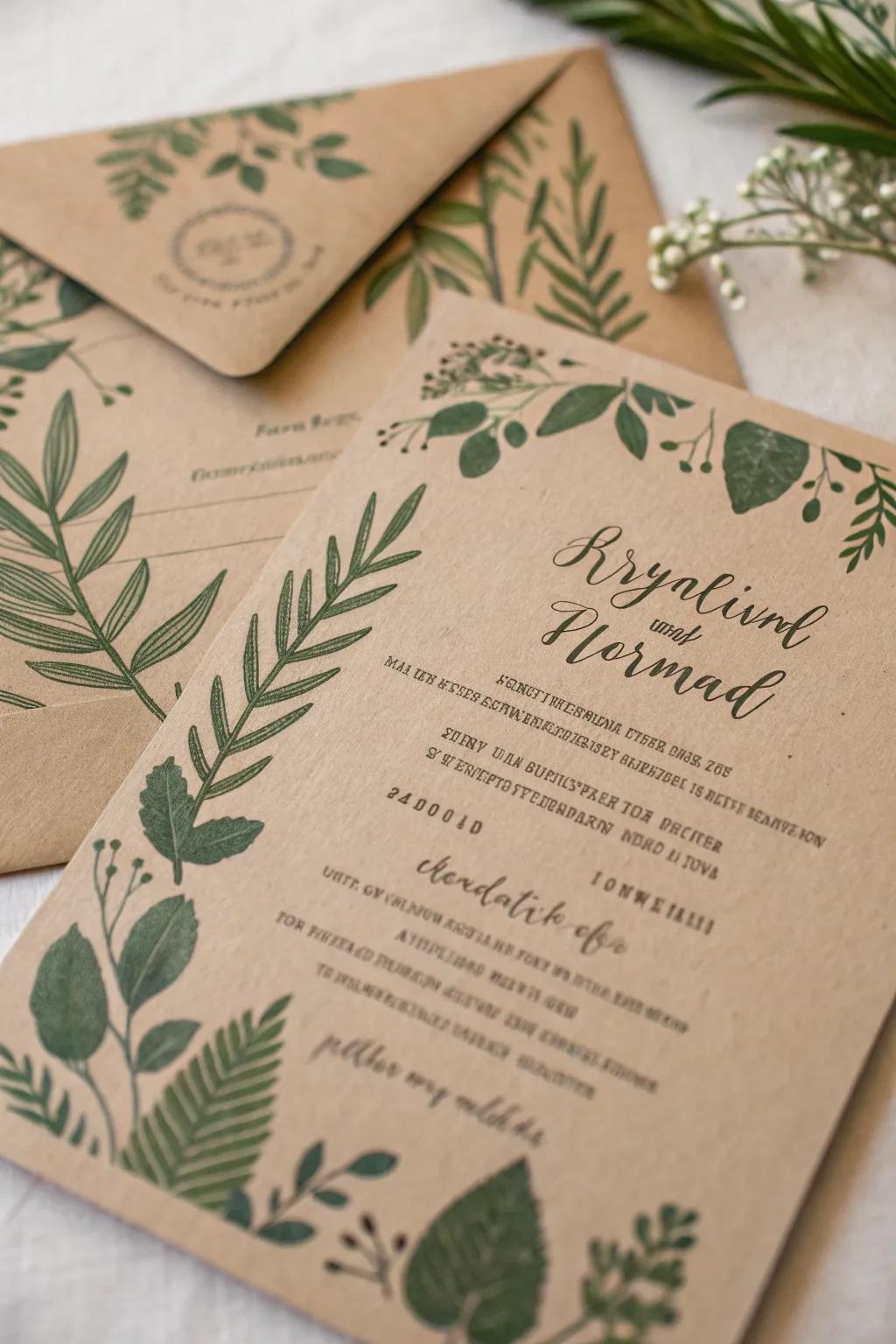 Announcement with verdant botanical illustrations on raw fiber paper.